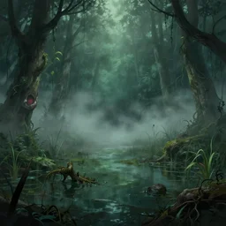 concept, artistic swamp with mystic fog, horror movies, art station, mysterious, masterpiece, adams family