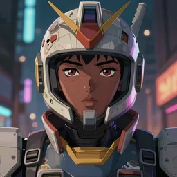 anime portrait illustration of a 👧🏿 gundam pilot in an intricate helmet, hiphop urban inspired, symmetrical proportions, symmetrical perfect facial features, cinematic lighting, hd, 3 2 k, octane, unreal engine, in the style of go teen titans and disney's pixar, by denys cowan and dwayne mcduffie