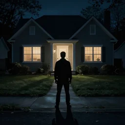 silhouetted man standing outside suburban house, moody, shadows, night, creepy lighting, ultra - realistic, artstation award, show figure, silhouette, lighted windows, illustration, concept art, neighborhood house