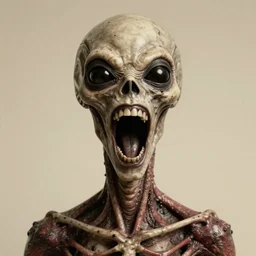 humanoid with crooked teeth, sepia tint two shallow black eyes, long open black mouth, alien looking, big forehead, horrifying, killer, creepy, sepia tint, sepia tint, long open black mouth, dead, looking straight into camera, realistic, slightly red, long neck, boney, monster, tall, very skinny, skullish, big forehead, in the style of alfred kubin