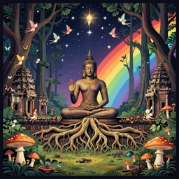 samadhi, enchanted cosmic forest, roots from angkor wat, mushrooms on the ground, small fairies, stars in the sky, butterflies, rainbows, vector art, optical illusion, heavenly, 4 k, fantasy poster by helen huang and frank frazetta and salvador dali