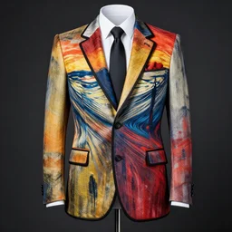 stunning color photograph of an extravagant suit designed by edvard munch. award winning piece of fashion. studio lighting
