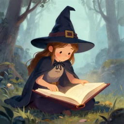 little witch opening a book, artwork by cushart, krenz