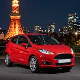 red ford fiesta mk 5 zetec in tokyo spain, award winning photograph, night time