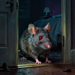 cinematic colorful horror artwork by artgerm, beksinski, mark brooks ; real life full portrait of ugly furry mouse, red eyes, scurrying in front of bedroom door ajar ; night light, scary, 8 k hdr, creepy intricate ; volumetric dramatic lighting, insanely detailed, haunting