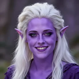 Purple skinned Kristen Stewart smiling Elf wizard smooth purple skin!, + purple skin Photorealistic digital art trending on artstation, artgem, white hair 4k HD.