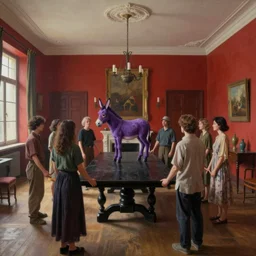 realistic painting of a red obscure big antique room with people standing in a circle, holding hands, around a black wooden table with a purple donkey standing over it. wide angle lens deformed perspective
