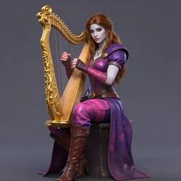 Full body Portrait of a beautiful young bard lady, playing an onrnamental Golden lyre, light borwn hair, White skin, dark Blue eyes, purple and pink leather garments, leather boots, fingerless gloves, extremely detailed face, high fantasy, magic music, dungeons and dragons, blizzard entertainment, industrial light and magic, pixar, matte painting, mucha, trending on Artstation, artstationHD, artstationHQ, octane, cgsociety, HD, 16K