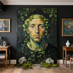 portrait an artist in her apartment, wrapped in vines, black walls, puddles, moss, stone, acrylic on canvas, by magritte and monet - n 9
