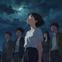 yukiko okada looking to the skies, cinematic lighting, dramatic atmosphere, artwork by dustin nguyen, akihiko yoshida, greg tocchini, greg rutkowski, cliff chiang, 4 k resolution, trending on artstation,