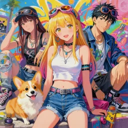 beautiful anime portrait painting scene of sunny hiphop solarpunk princess summertime chill with corgi, by dao le trong, daniela uhlig, craig mullins, craig davison. trending on artstation, 8 k, masterpiece, graffiti paint, fine detail, full of color, intricate detail, golden ratio illustration