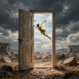 a fairy falls through a door in the sky, realistic, fantasy, wasteland, hyper detailed