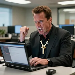 arnold schwarzenegger as conan the barbarian wearing his bone necklace, as an office worker, in an office, inside an office building, sitting at a desk, shouting at a laptop, angry, laptop trouble, technical difficulties, software error, crisp lighting, studio lighting