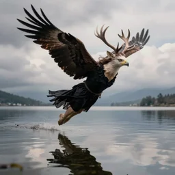 eagle woman with deer horns and eagle wings black dress flying above a lake with clouds reflection