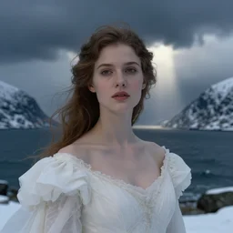 mage, norway fjord, extreme close up portrait, hudson river school, max rive, dress made of ocean, stormy seas, white royal dress, beautiful, bokeh, gentle, female, snowy, storm clouds, god rays, extreme close up portrait, d & d, fantasy, elegant, low key color palette, concept art, roger deakins and greg rutkowski and alphonse mucha