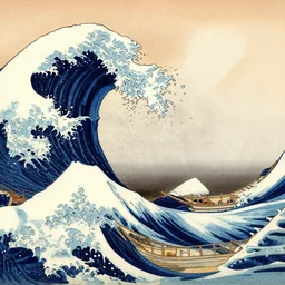 boats on tumultuous sea with large waves, ukiyo - e, japanese wood painting
