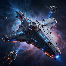 a physical based rendering of a single massive black starship with glowing engraved neon inscriptions and floating in an cosmic nebulae, huge structure, mechanics, electron flow, android, metal, light effect, 3 d render, in the style of pascal blanche and sparth juan raphael lacoste paul pepera pablo roldan, 4 k hd, hyper detailed