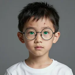 portrait of a small, skinny 1 7 - year - old boy with a thin face, black hair, and bright green eyes, round glasses, thin scar on his forehead, wearing white shirt, hyper realistic face, beautiful eyes, character art, art by mark brooks, hyperdetailed, cryengine, trending on artstation, digital art