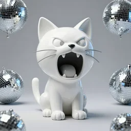 High detail photography, 8K, disco pictoplasma, one simple angry screaming ceramic toy Figure cat sculpture, 3d primitives, in a Studio hollow, by pixar, by jeff koons, joints, by jonathan ive, by david lachapelle, simulation