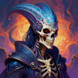 a psychedelic portrait of omin dran skeletal mind flayer psion, vibrant color scheme, highly detailed, in the style of romanticism, cinematic, artstation, moebius, greg rutkowski