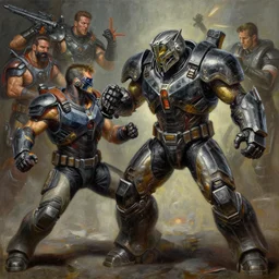 doomguy fights masterchief, 8 k, stunning detail, works by artgerm, oil on canvas by gerald brom and greg rutkowski, michael cheval, peter murbacher, boris vallejo, jessica rossier, cinematic lighting, high detail, masterpiece, a lot of wow, artstation headquarters