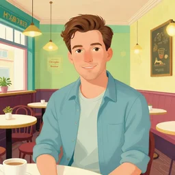 illustrated portrait of a victorian cafe interior, colorful, ( ( mads berg ) ), christopher balaskas, ( ( victo ngai ) ), rich texture, detailed, dynamic composition, wide angle, blue filter, ( ( stippled gradients ) )