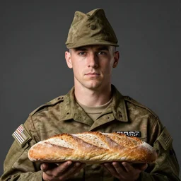 a loaf of bread as a USA army cadet, dramatic portrait