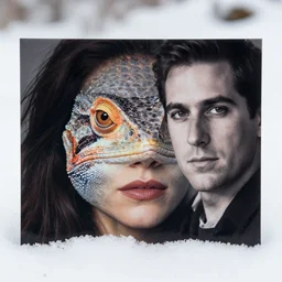 a lizard woman in the snow, face of a lizard, by Annie Leibovitz and Steve McCurry, natural light, detailed face, CANON Eos C300, ƒ1.8, 35mm, 8K, medium-format print