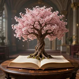 tree of life growing out of a book, on a wooden table, inside a palace, sakura flowers on the book, midsommar style, rim light, extremely detailed, masterpiece, artstation, cinematic lighting, photographic, by greg rutkowski and alphonse mucha, wolp, horizon zero dawn