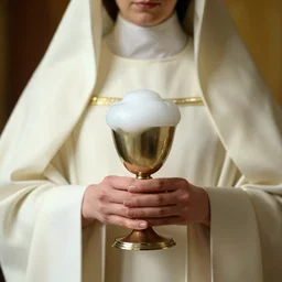 Mother Mary holding a chalice filled with white goo