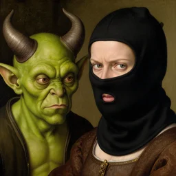 closeup of a woman in a balaclava, annoyed expression, next to an annoying green - horned goblin, by jan van eyck,
