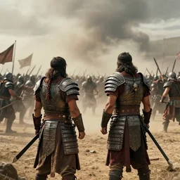 long distance photo of two ancient tribesman  standing against barbarians, in armor from monster hunter, attacking barbarian horde in the background, back shot, muscular bodies, dramatic lighting, cinematic, establishing shot, extremely high detail, photorealistic, 300 the movie,monster hunter the movie, monster hunter, cinematic lighting, artstation, octane render, western,old photo, vintage