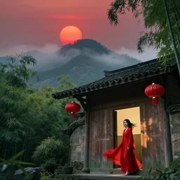 deep in the mountains, a round of red sun has just emerged from the top of the mountain, there is a mist lingering on the top of the mountain, deep in the bamboo forest, there is a traditional chinese house, there is a red lantern on each side of the house, a woman came out from the door, light body, wearing a red flowing skirt, shoulder - length hair flowing with the wind, the corners of the mouth up, clear black eyes