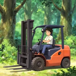 a forklift in a fantasy forest by kentaro miura