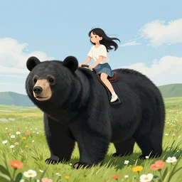 girl riding a giant black bear in a field of flowers, trending on artstation