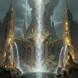 a matte painting of beautiful religious scifi city, with waterfalls, 8 k, cinematic lighting, hd, atmospheric, hyperdetailed, trending on artstation, devainart, digital painting, glow effect intricate digital painting artstation concept art smooth sharp focus illustration, art by artgerm and paul chadeisson and greg rutkowski, sung choi and alphonse mucha