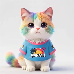 cute fluffy rainbow kitten wearing Hawaiian t-shirt, digital art