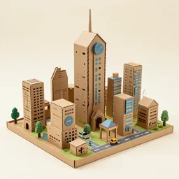 functional mini sci-fi city made out painted cardboard