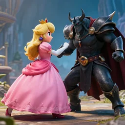 princess peach fighting ganondorf, hyper realistic, cinematic, long shot, hyper detailed, 8 5 mm photograph, 8 k resolution, film still, sharp lens, wide lens