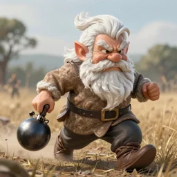bald gnome big white beard, dagger, bomb, running, field, angry, hyper realism, cinematic, volumetric lighting, high detail, octane render, unreal engine, 8 k, depth of field, concept art, dnd, digital art, deviantart artstation, extremely detailed, very sharp, in the style of greg rutkowski