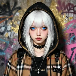 highly detailed portrait of a sewer punk lady student, blue eyes, burberry hoodie, white hair by atey ghailan, by greg rutkowski, by greg tocchini, by james gilleard, by joe fenton, by kaethe butcher, gradient gold, black, brown and pink color scheme, grunge aesthetic!!! ( ( graffiti tag wall background ) )