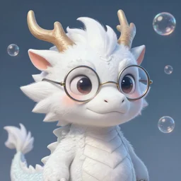 a painting of a cute white eastern dragon wearing circular glasses with bubbles in the background, digital art, furaffinity, detailed