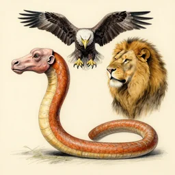 zmei gorynich with one human head, second eagle head, third lion head, fourth ox head. drawn by francis bacon