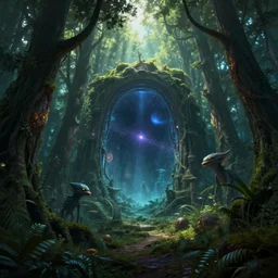 intergalactic stargate portal in the middle of a dense forest, with light shining through the trees and strange creatures lurking in the shadows, digital fantasy art