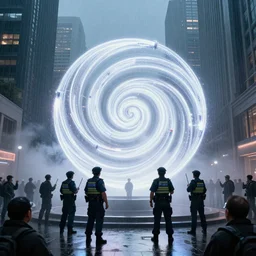 policemen protecting a huge spiral - shaped bright luminous object right in the center of the city from protesting people,, rain and light fog, professional lighting, concept art in 3 d, high detail, professional lighting