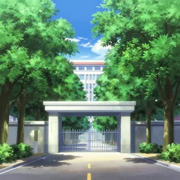 private academy entrance, boulevard, dense trees, building in the distance, overhanging branches, long road, cel - shading, anime, flcl, jet set radio future