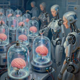 a solar punk painting of rows of futuristic cryonic see through tanks with brains in them attached to wires, which are attached to trans cyborg humans. a robotic surgeon is sprinkling something sparkly in one of them. hyper realistic. octane render, art station detailed hard surface modelling. cyborg. human bio body parts. painting by _ adrian ghenie.