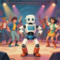 robot breakdance party in 8 0 s clothes, studio ghibli, highly detailed, digital art, looking at the camera, wide angle shot