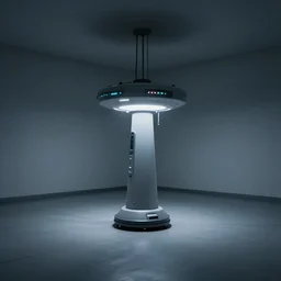teleportation machine in an empty room, with the feeling of being completely alone in the world