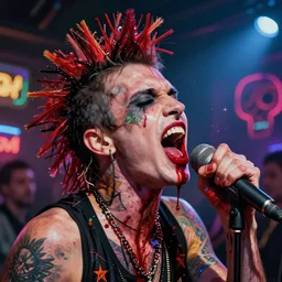 weird and disturbing portrait of punk singer singing and puking blood, vivid colors, death, neon, art by ( ( ( kuvshinov ilya ) ) ) and wayne barlowe and francis bacon and artgerm and wlop and william - adolphe bouguereau